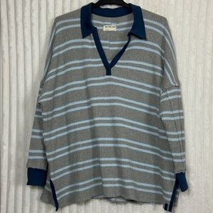 Free People We The Free grey blue Striped Travis Polo long sleeve shirt sz L